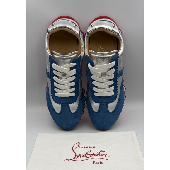 Christian Louboutin Loubishark Flat Ludwig Blue Suede Silver Size 40.5 EU 7.5 US